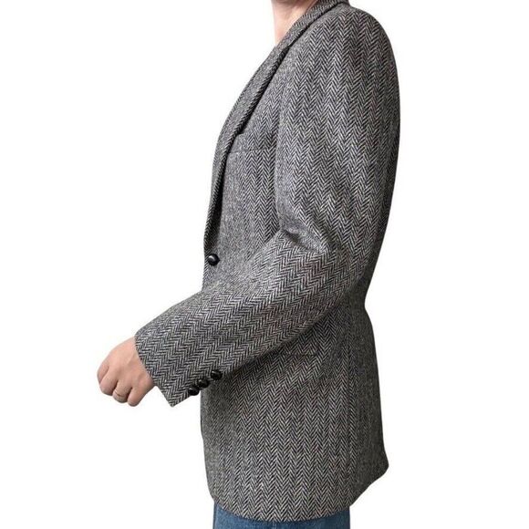 Vintage Mens Harris Tweed Black Gray Chevron Wool Preppy Sport Coat Blazer 36R - Picture 7 of 10
